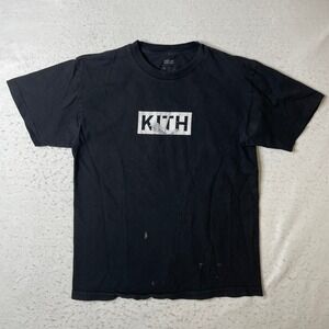 Kith T-Shirt Mens Medium Black Box Logo Short Sleeve Distressed Stained‎